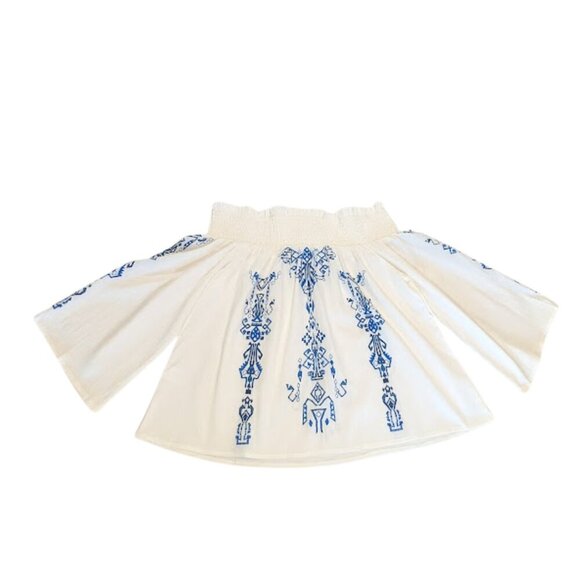 White & Blue Boho Print Off-Shoulder Top – Size L - Picture 2 of 7